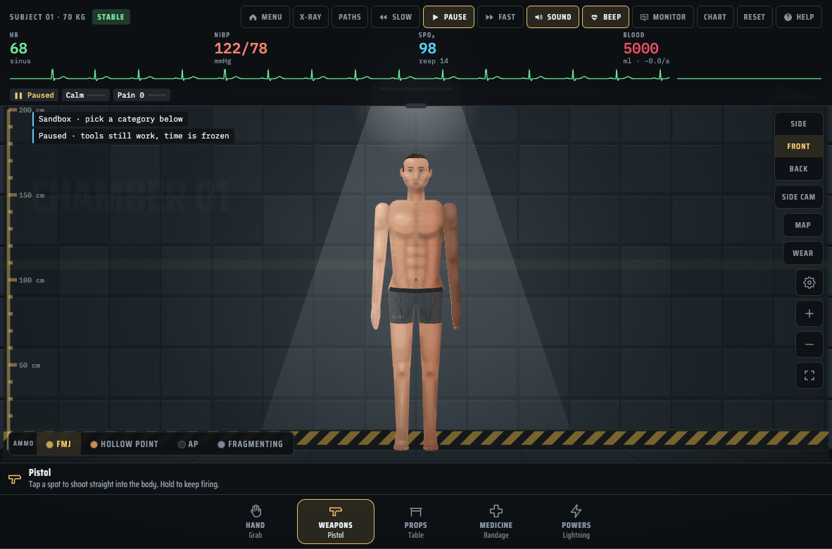 Trauma Lab v1.19 sandbox with a test subject, patient monitor and tool categories